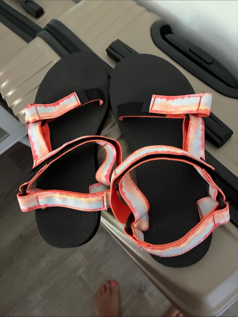 Teva Kids Black Sandals with Coral and White Tie-Dye Straps